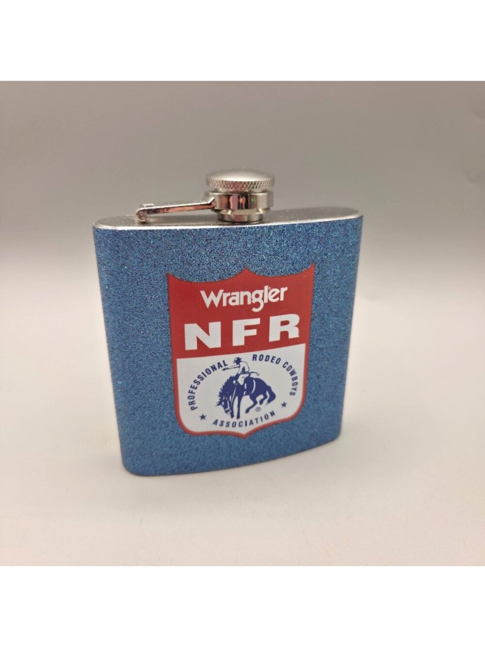 Wrangler NFR Pocket Hip Flask Glitter Blue Stainless Steel 6 Oz Rodeo Design